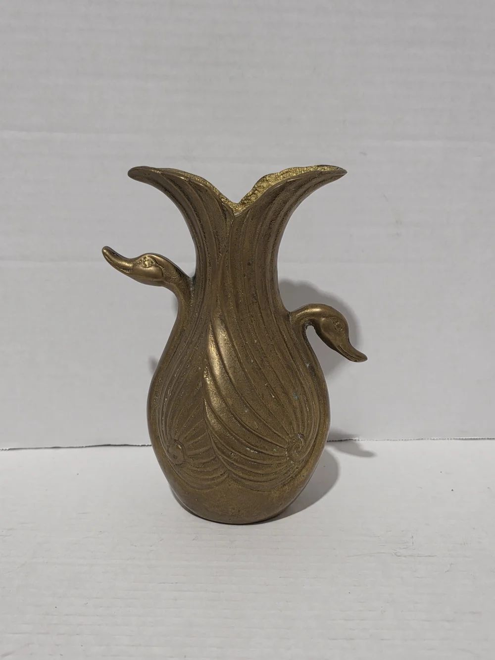 Solid Brass Art Deco Sculpture Vase with A Double Swan Design and Unique Patina